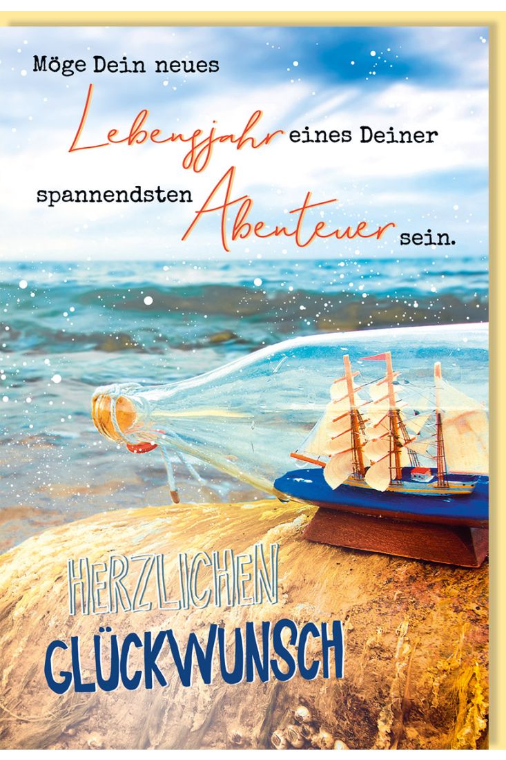 Glückwunschkarte Geburtstag Schiff in der Flasche Spruch Abenteuer