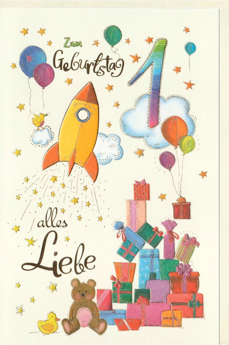 Kindergeburtstag Karte 1 Jahr Rakete und Geschenke, Naturkarton, mit Goldfolie und Blindprägung