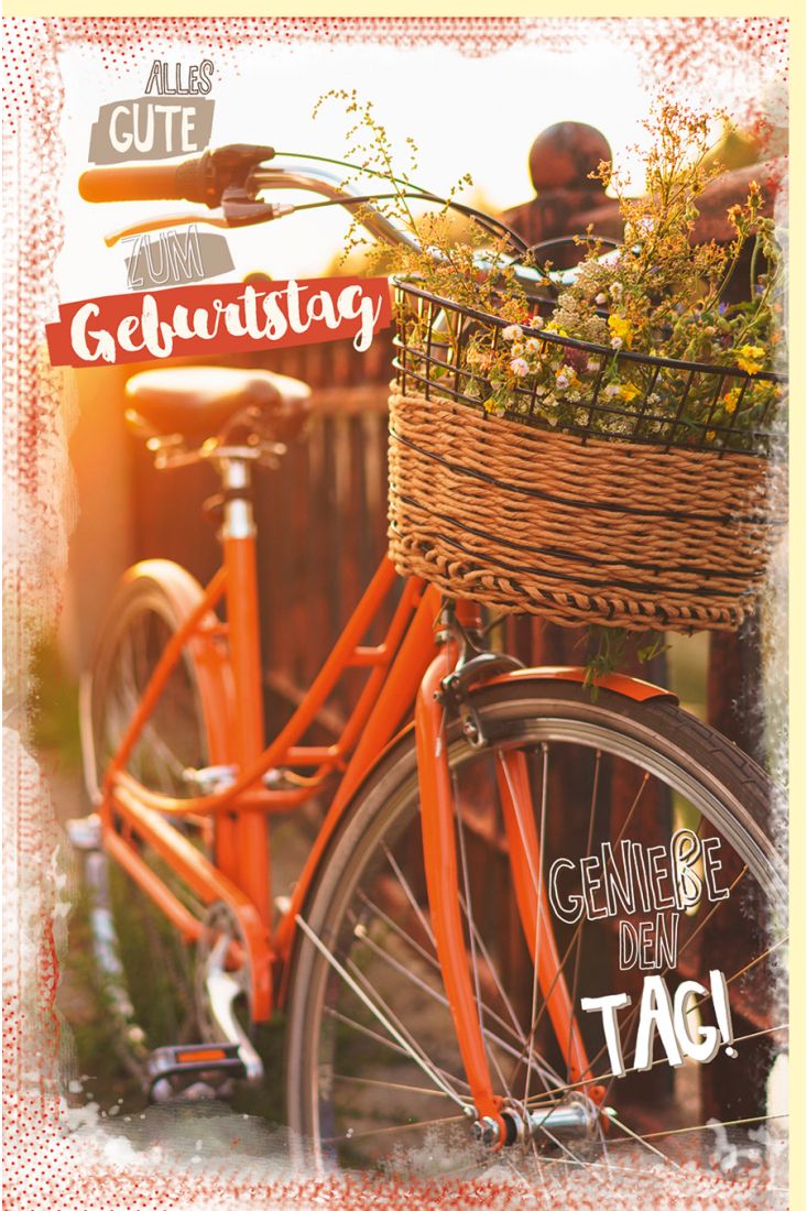 Geburtstagskarte Glücksmomente Fahrrad mit Blumenkorb am Lenkrad
