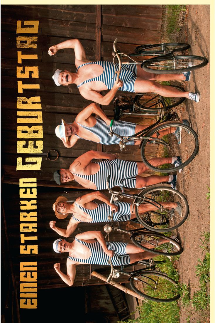 Geburtstagskarte lustig Motiv fünf starke Männer mit Fahrrad