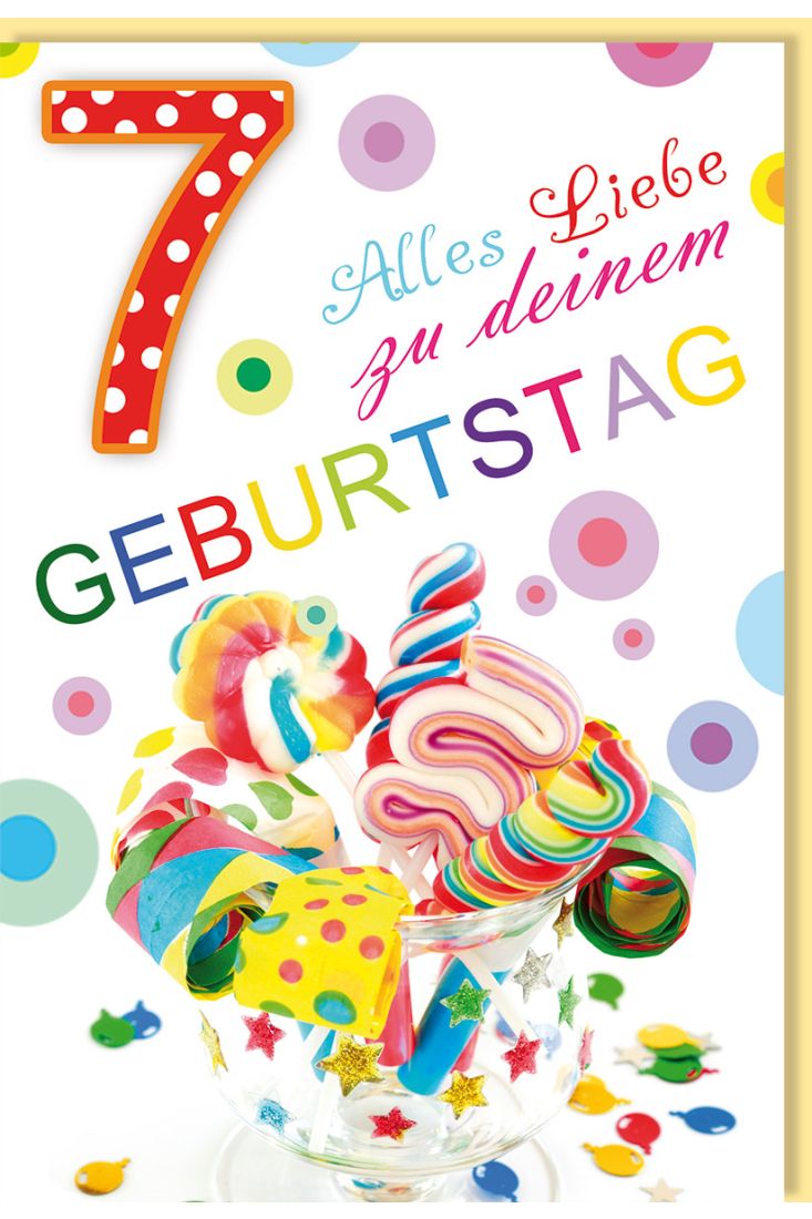 Geburtstagskarten 7 Jahre für Kinder Mit Süßigkeiten und Papiertröten gefülltes Glas