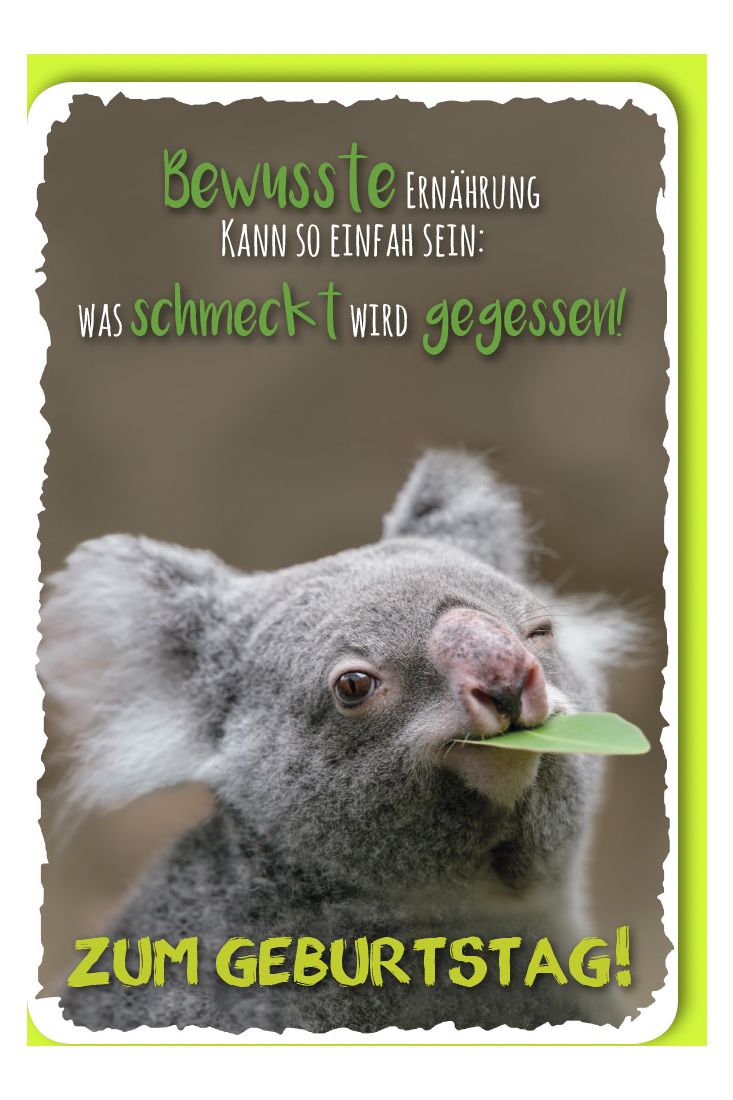 Glückwunschkarte Geburtstag Koala mit grünem Blatt