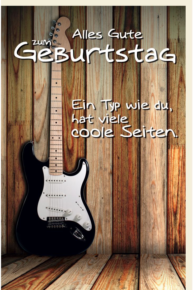 Glückwunschkarte Geburtstag Gitarre lehnt an Holzwand