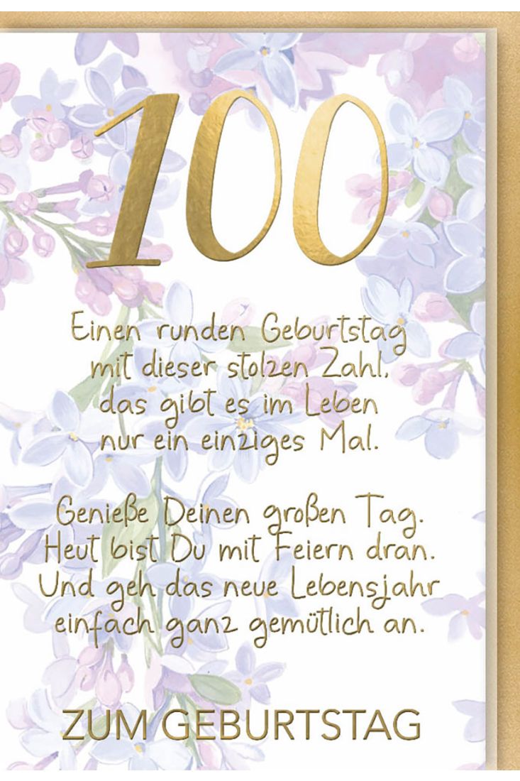 Geburtstagskarte 100 mit goldener Zahl und Blumenmotiv Folienprägung - Pergamentpapier