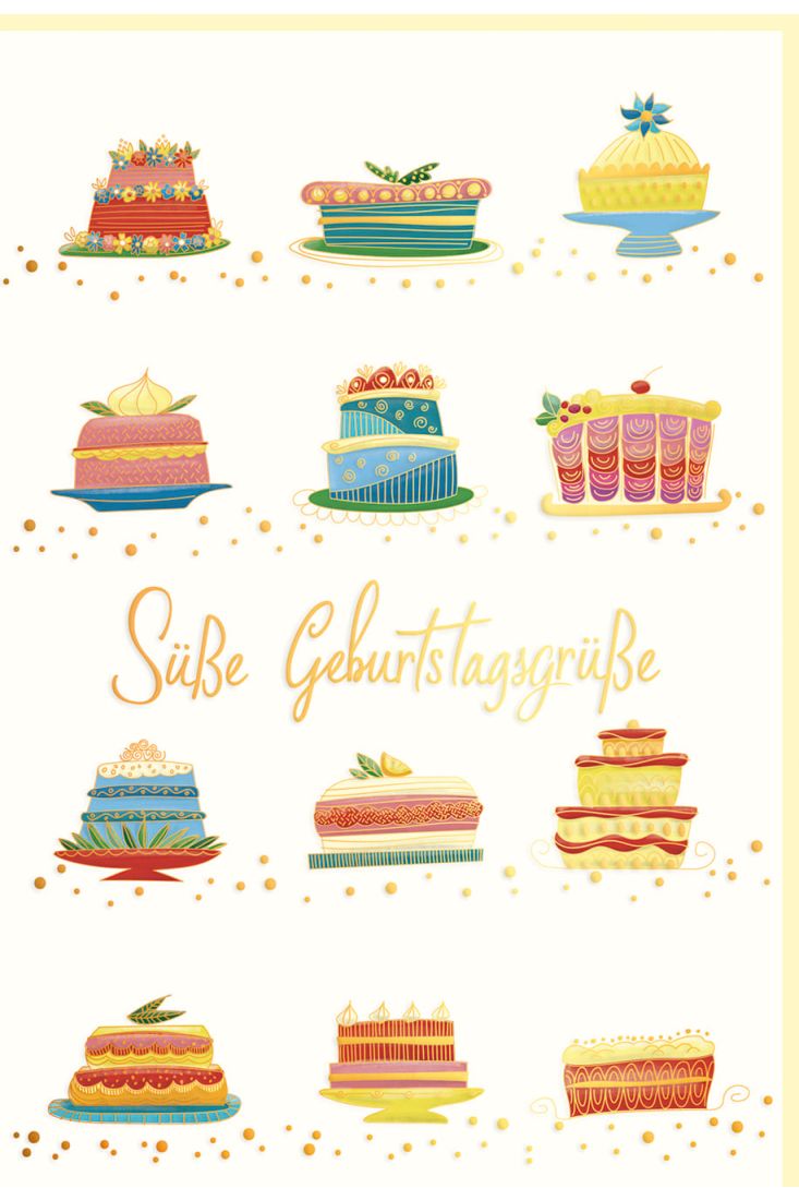 Glückwunschkarte Geburtstag Süße Geburtstagsgrüße Torten, Naturkarton, mit Goldfolie und Blindprägung