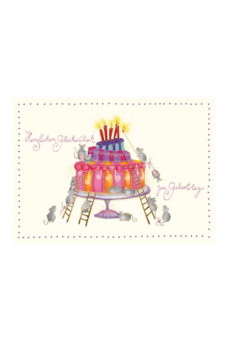 Postkarte Geburtstag Torte Mäuse Leiter