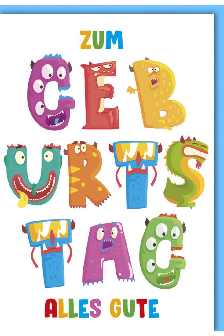 Geburtstagskarte für Kinder niedlich Bunte Schrift mit Gesichter