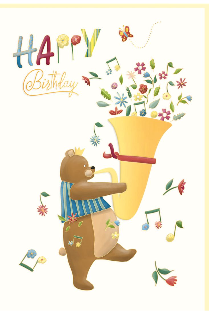 Glückwunschkarte Geburtstag Bär spielt Tuba, Blumen, Naturkarton, mit Goldfolie und Blindprägung