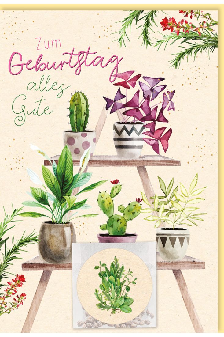 Geburtstagskarte mit Blumen und Sukkulenten auf Zuckerrohrpapier inklusive Samentütchen