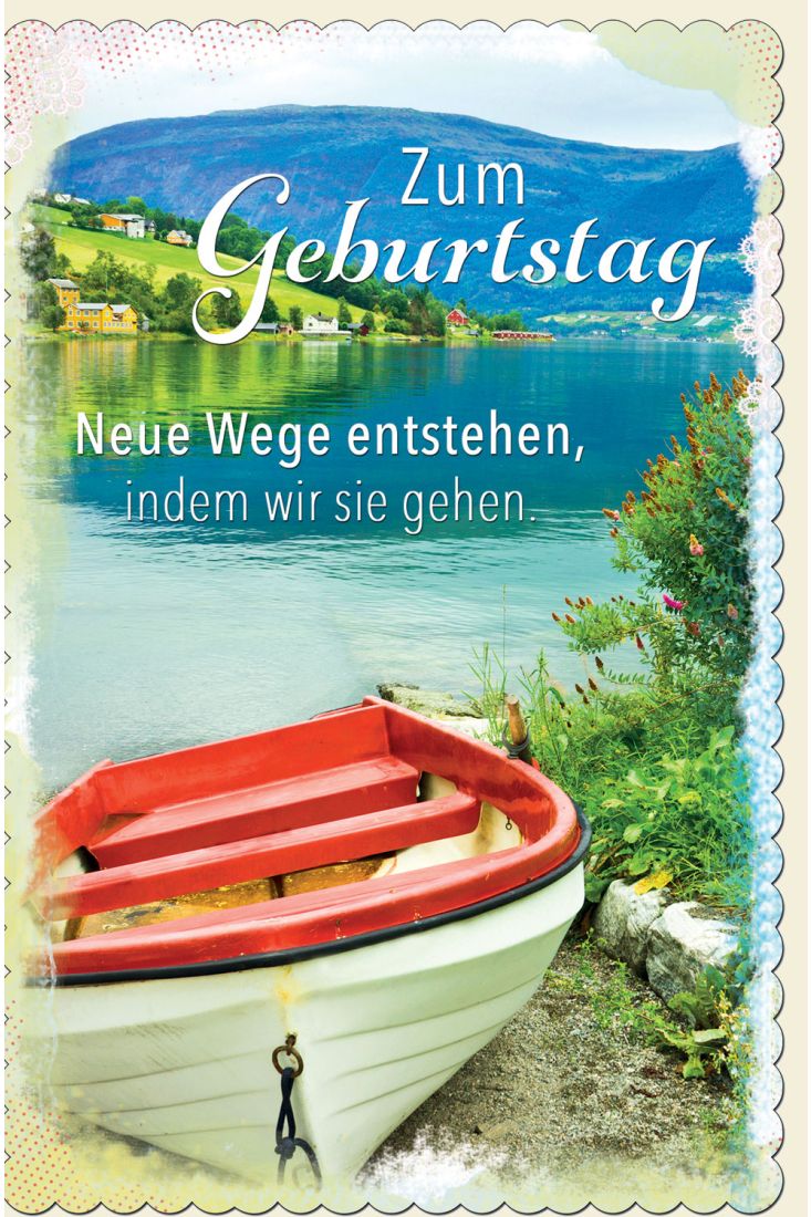 Glückwunschkarte Geburtstag Boot am Ufer vom See in den Bergen