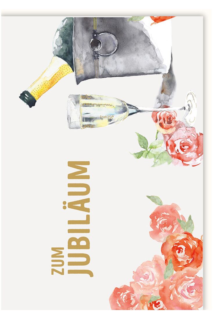 Jubiläumskarte Illustration Sektflasche, Glas und Rose