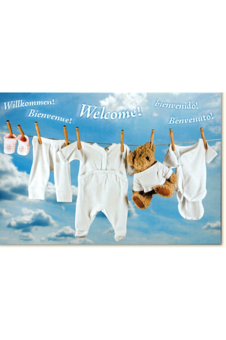 Glückwunschkarte Geburt Jungen Welcome! Wäscheleine Himmel