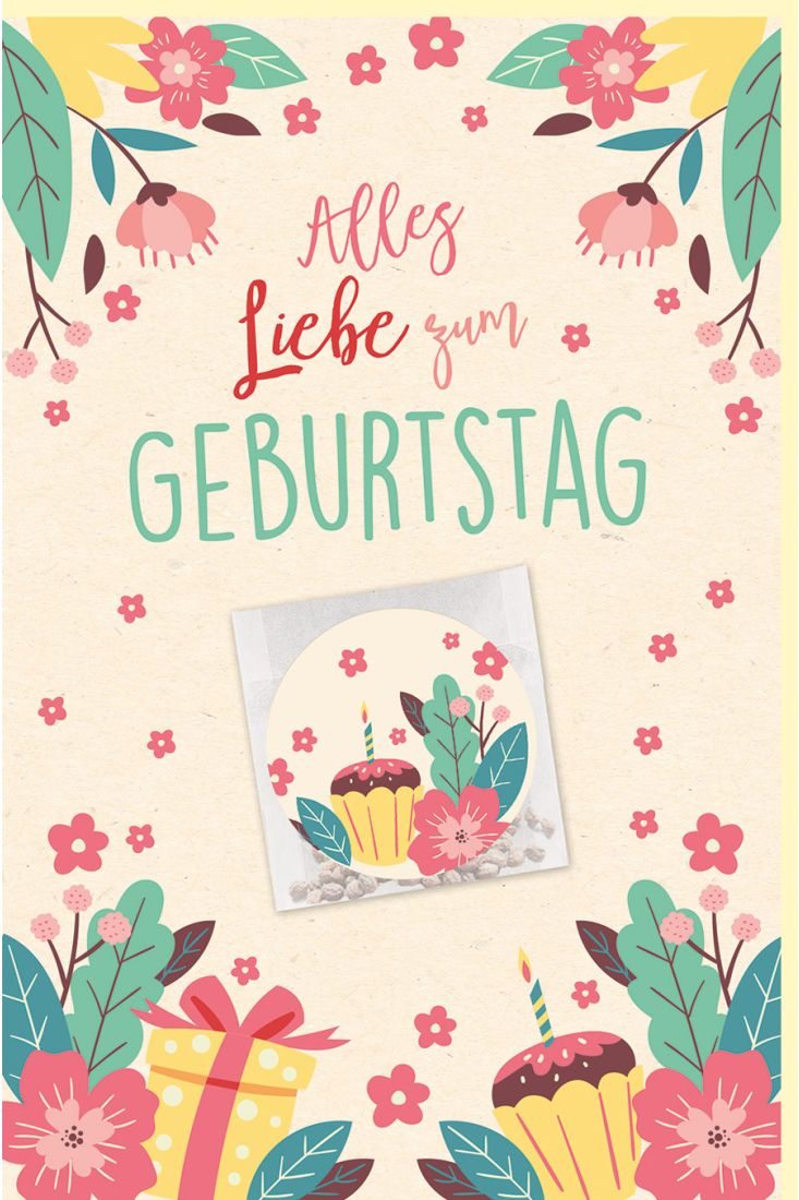 Geburtstagskarte Gieß mich Blumen, Muffin, Geschenk, Zuckerrohrpapier, Samentütchen mit Aufkleber