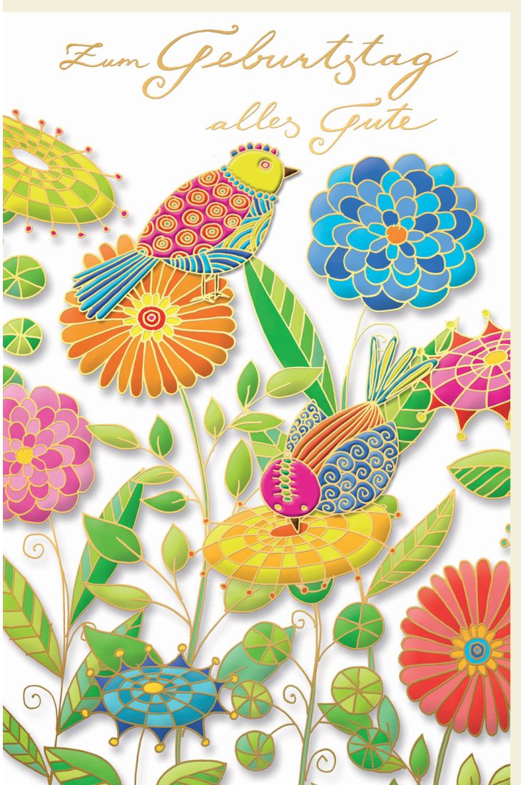 Glückwunschkarte Geburtstag Bunte Vögel auf bunten Blumen, Naturkarton