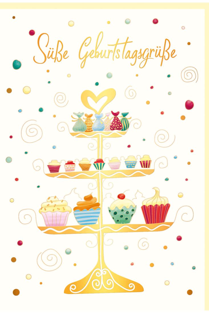 Glückwunschkarte Geburtstag Kuchenetagere mit Muffins, Naturkarton, mit Goldfolie und Blindprägung