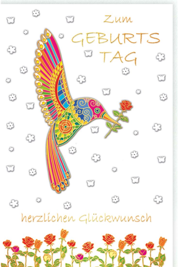 Glückwunschkarte Geburtstag Vogel mit Blume, Naturkarton, mit Goldfolie