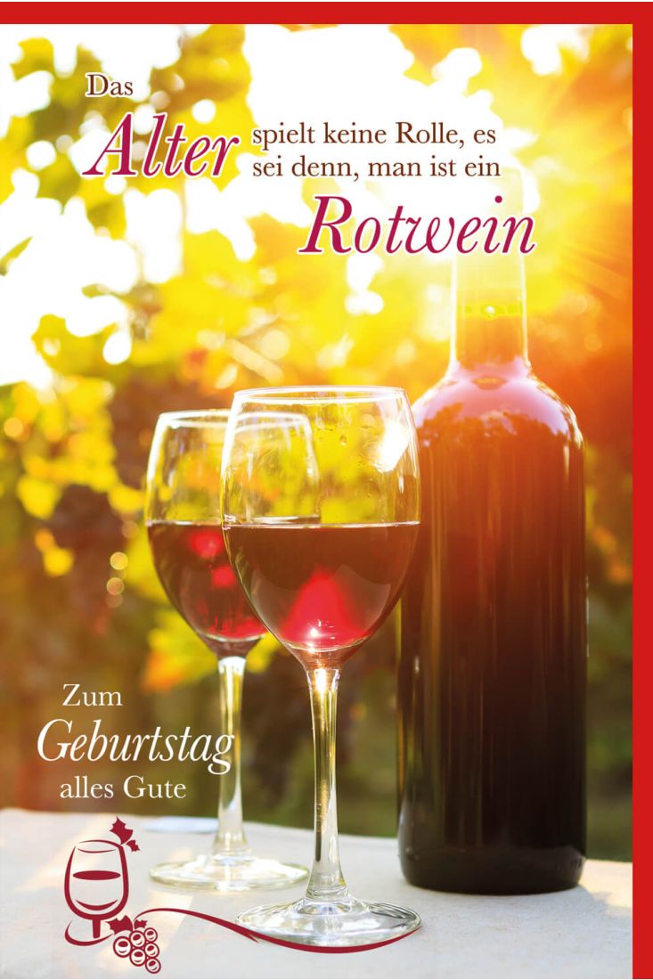 Glückwunschkarte Geburtstag Flasche Rotwein und zwei Weingläser in untergehender Sonne