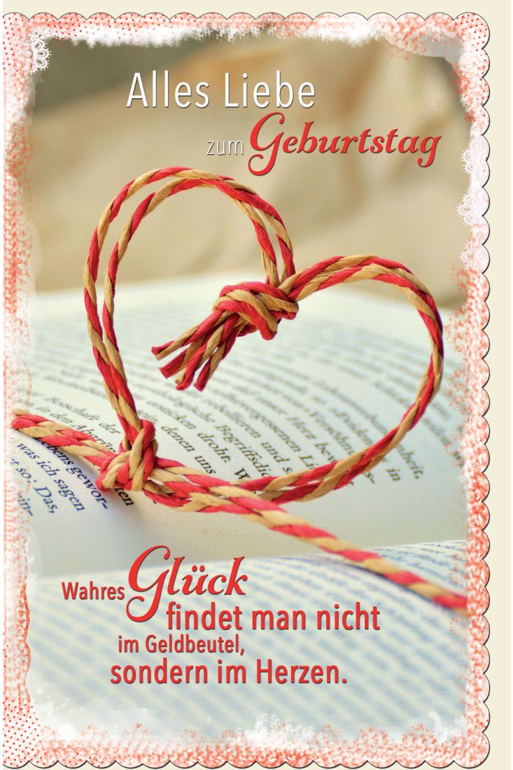 Glückwunschkarte Geburtstag Herz aus Kordel, gestanzt, welliger Rand