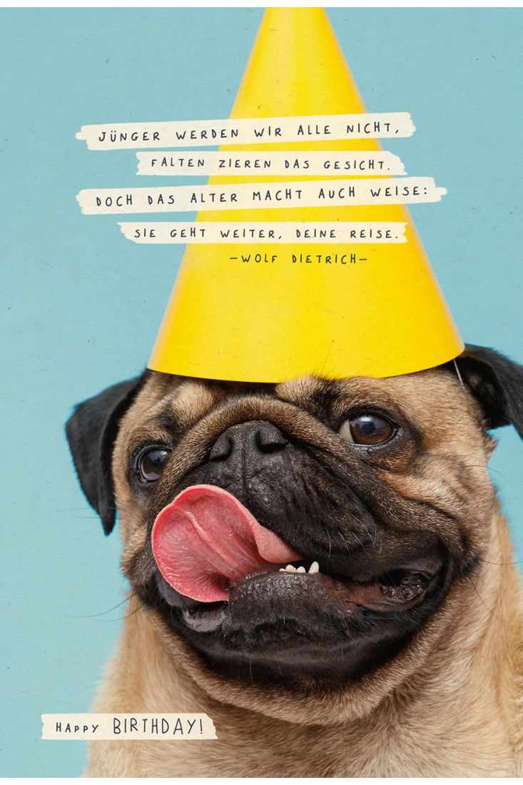 Postkarte Geburtstag Mops mit Partyhut, Zuckerrohrpapier