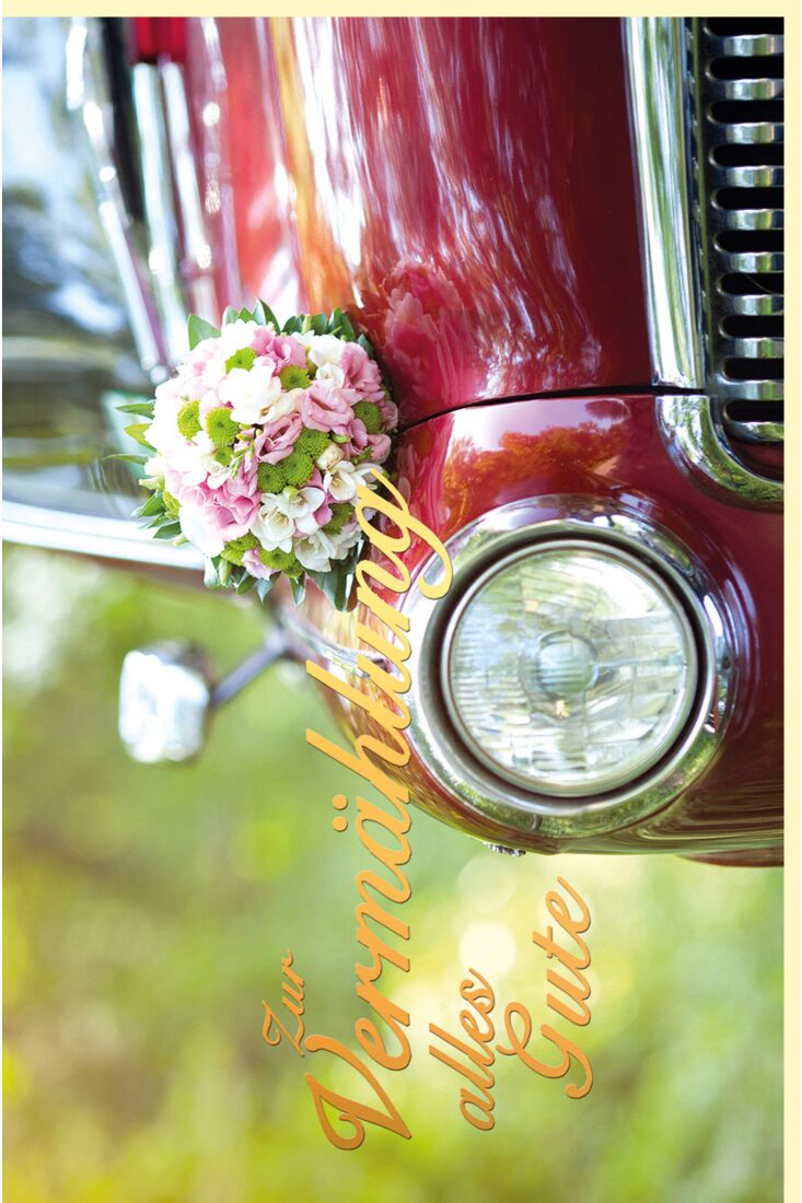 Hochzeitskarte Rotes Auto mit Blumenstrauß, mit Goldfolie