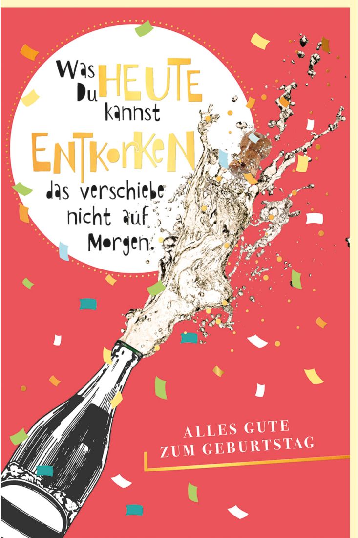 Geburtstagskarte Korken knallt aus Champagnerflasche, Naturkarton, mit Goldfolie