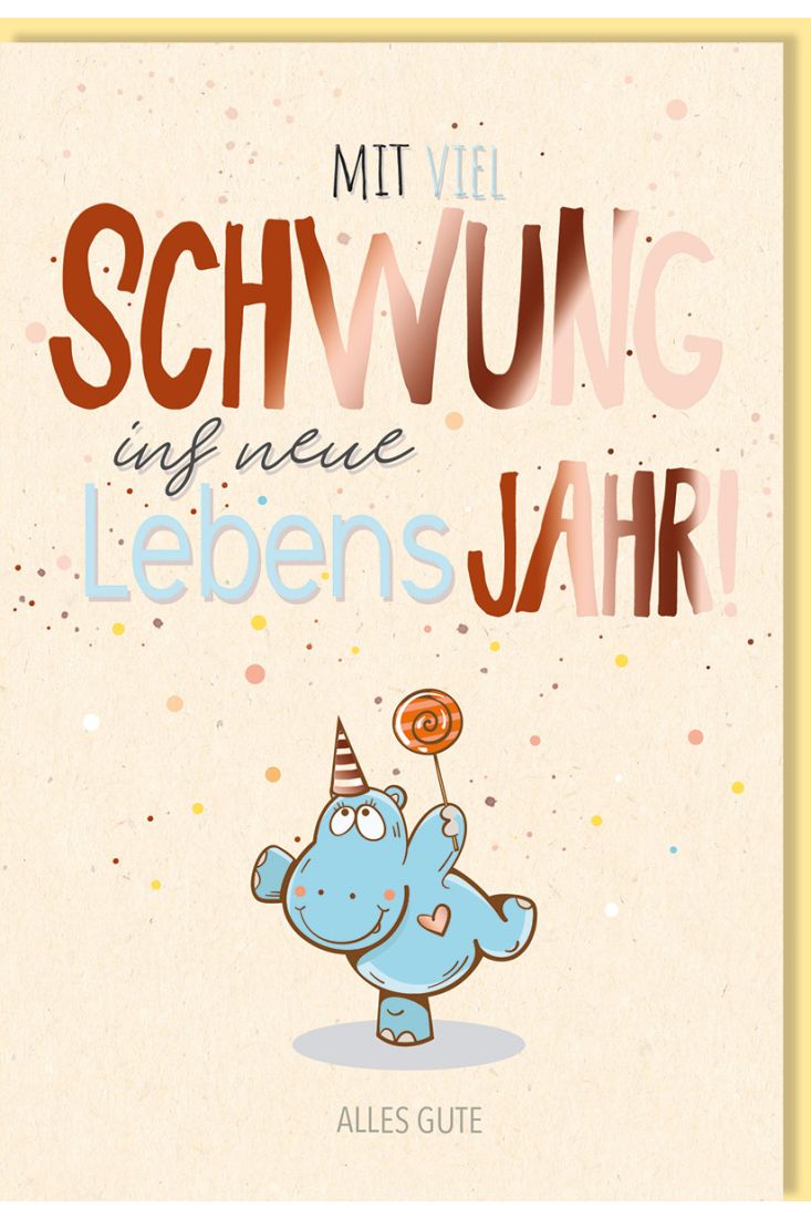 Glückwunschkarte Geburtstag Nilpferd mit Lolli, Zuckerrohrpapier