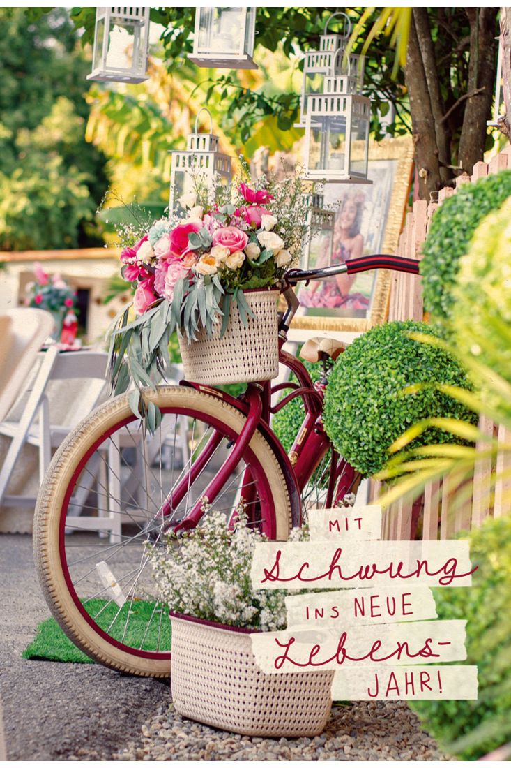 Postkarte Geburtstag Blumen, Fahrrad, Laternen, Zuckerrohrpapier