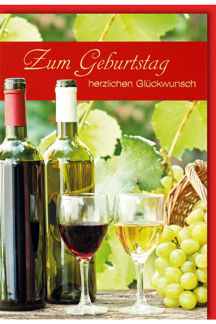 Geburtstagskarte mit Weinflaschen und Weingläsern im Weinberg - Folienprägung zum Geburtstag