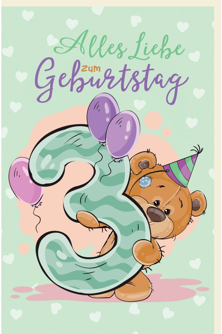 Geburtstagskarte für Kinder Teddybär mit Partyhut, Luftballons