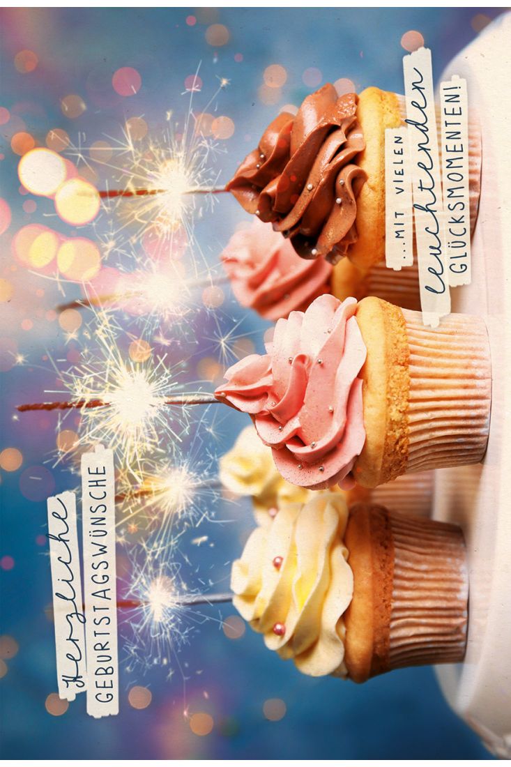 Postkarte Geburtstag Cupcakes mit brennenden Wunderkerzen, Zuckerrohrpapier