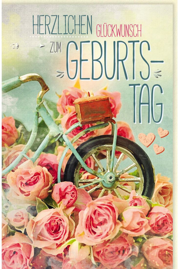 Glückwunschkarte Geburtstag Rosen, Fahrrad, Naturkarton