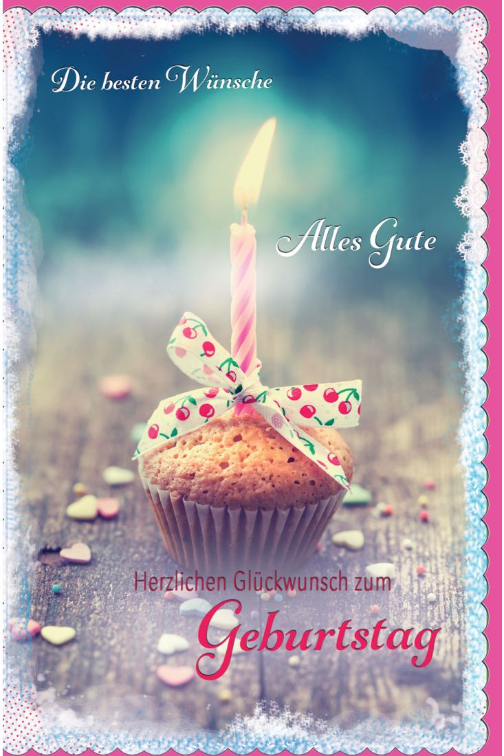 Glückwunschkarte Geburtstag Muffin mit brennender Kerze, gestanzt, welliger Rand