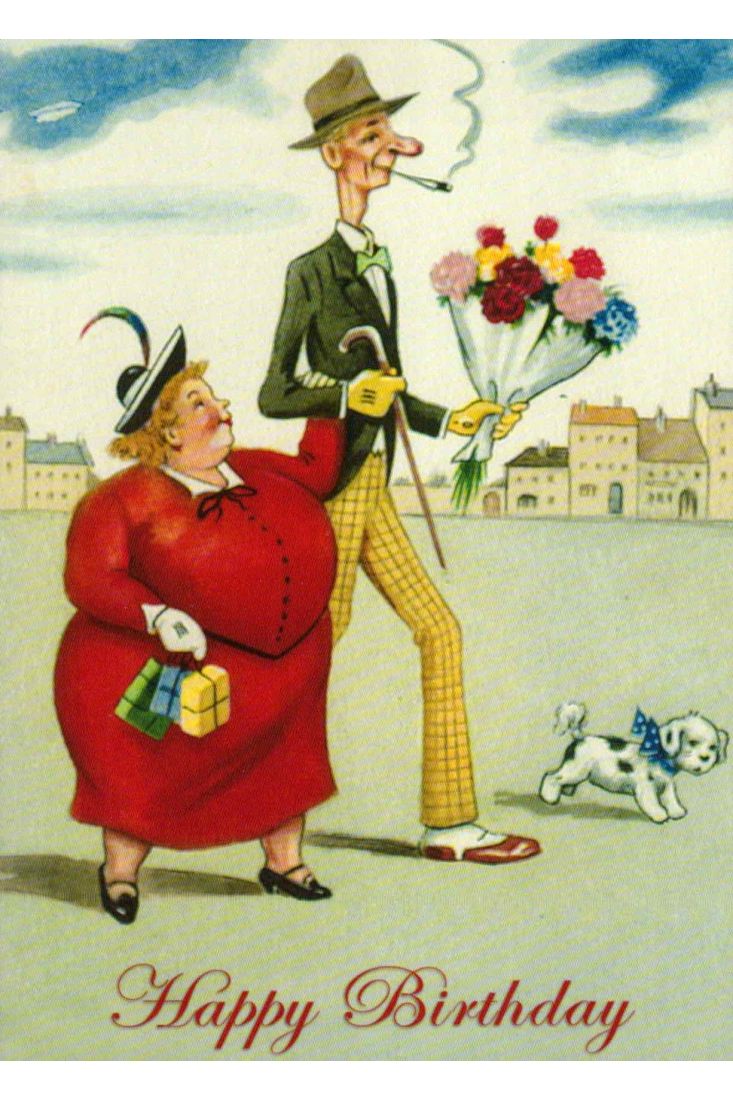Geburtstagspostkarte Mann Frau Hund vintage Happy Birthday