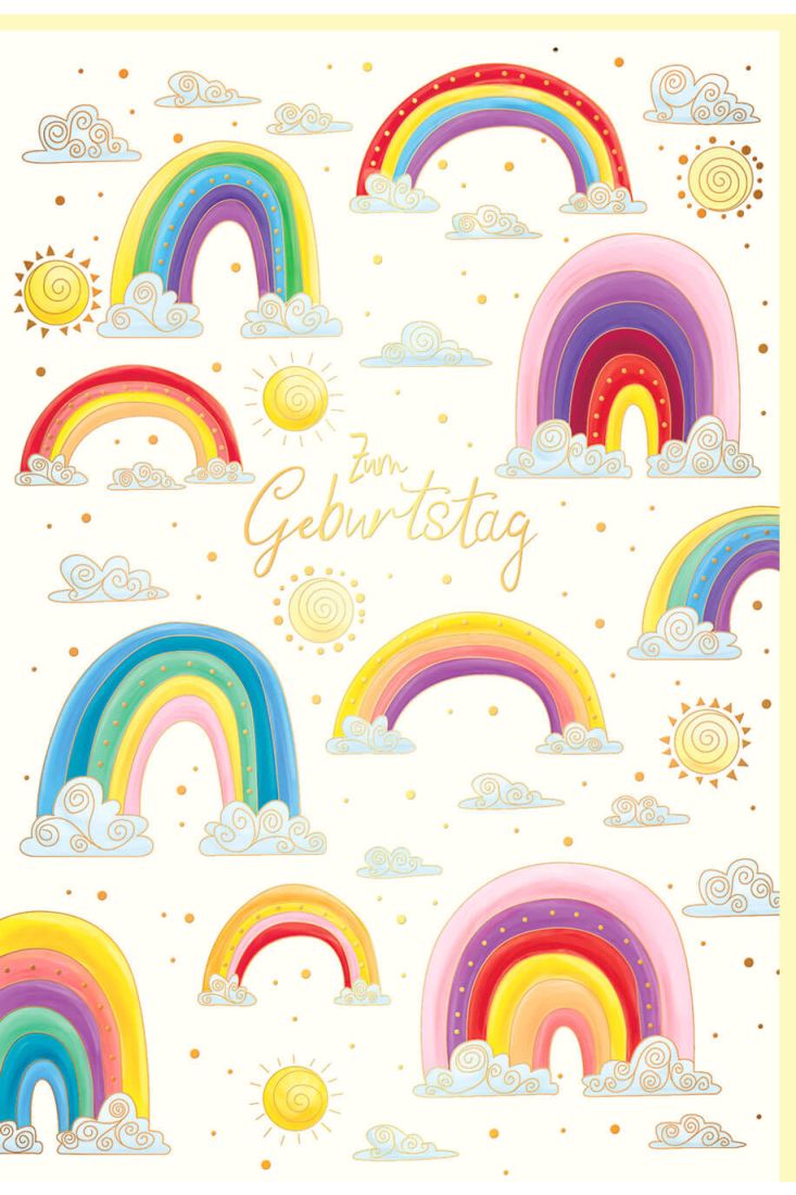 Glückwunschkarte Geburtstag Regenbögen, Wolken, Sonnen, Naturkarton, mit Goldfolie und Blindprägung