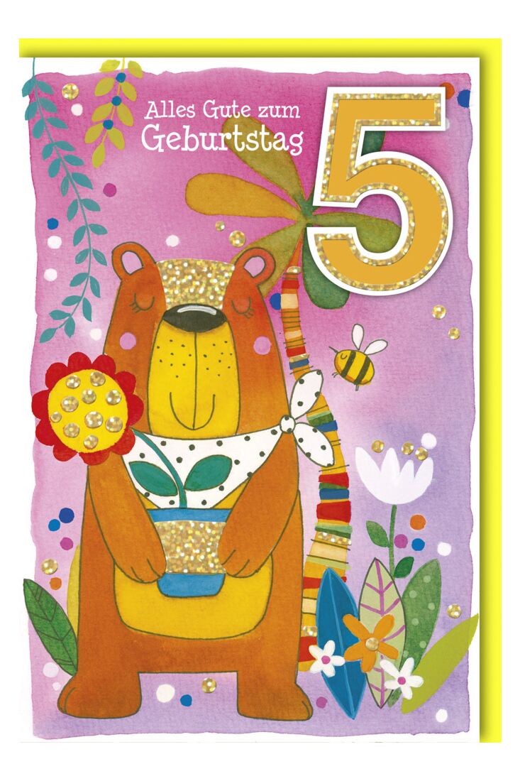 Geburtstagskarte für Kinder 5 Jahre Bär mit Hummel