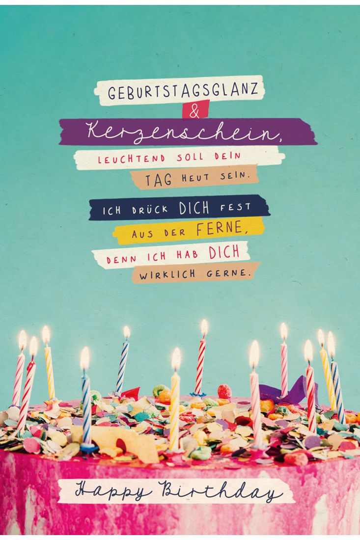 Postkarte Geburtstag Bunte, brennende Kerzen auf Torte, Zuckerrohrpapier