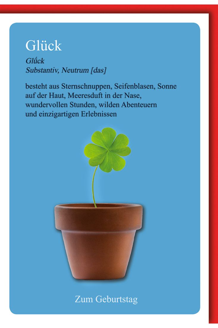 Glückwunschkarte Geburtstag mit Kleeblatt und Blumentopf für wundervolle Stunden und einzigartige Erlebnisse