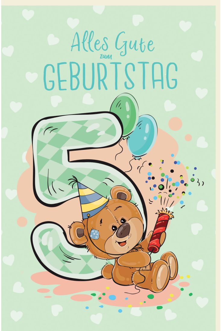 Geburtstagskarte für KinderTeddybär mit Partyhut und Rakete, Luftballons