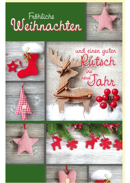 Weihnachtskarte klassisch grün kleine Fotos mit Weihnachtsdeko