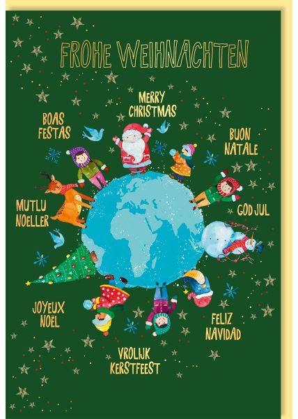 Weihnachtskarte Mehrsprachig Erdkugel, Weihnachtsmann, Kinder, Schneemann, Weihnachtsbaum, Rentier, mit Goldfolie
