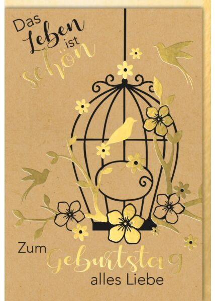 Geburtstagskarte Kraftpapier Vogelkäfigg mit goldenen Blüten
