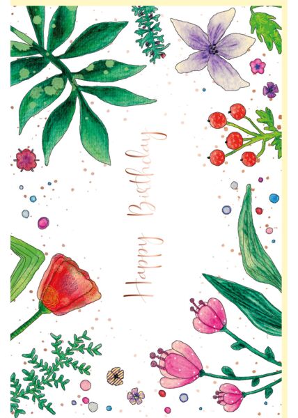 Geburtstagskarte Flora Blumen und Blätter, Naturkarton, mit rosègoldener Metallicfolie