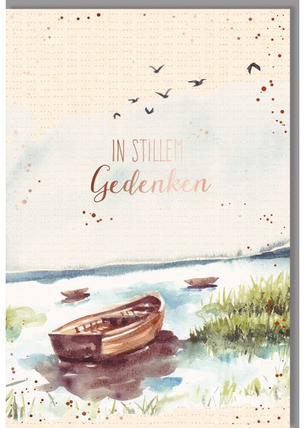 Trauerkarte: Stilles Gedenken mit Boot am See, Vögel im Flug auf Zuckerrohrpapier mit Folienprägung