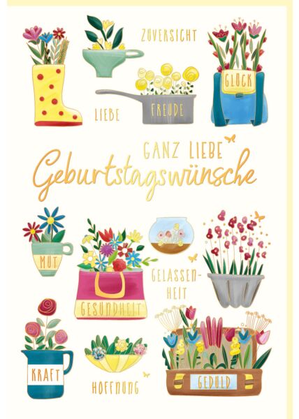 Glückwunschkarte Geburtstag Blumen in verschiedenen Gefäßen, Naturkarton, mit Goldfolie und Blindprägung