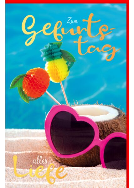 Glückwunschkarte Geburtstag Sonnenbrille, Kokosnuss im Sand, mit Goldfolie