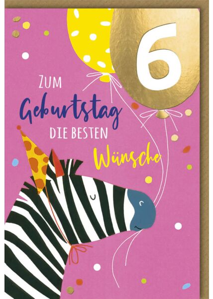 Geburtstagskarte 6. Jahre Zebra mit Luftballons