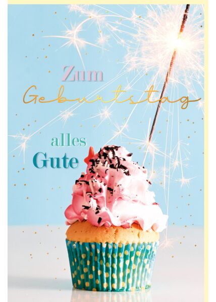 Geburtstagskarte Cupcake mit brennender Wunderkerze, mit Goldfolie