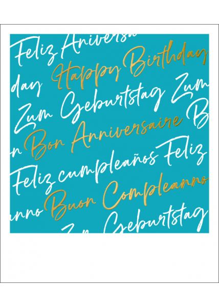 Geburtstagspostkarte Happy Birthday Mehrsprachig Goldfolie