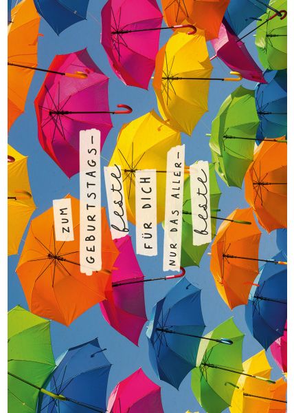 Postkarte Geburtstag Bunte Regenschirme, Zuckerrohrpapier
