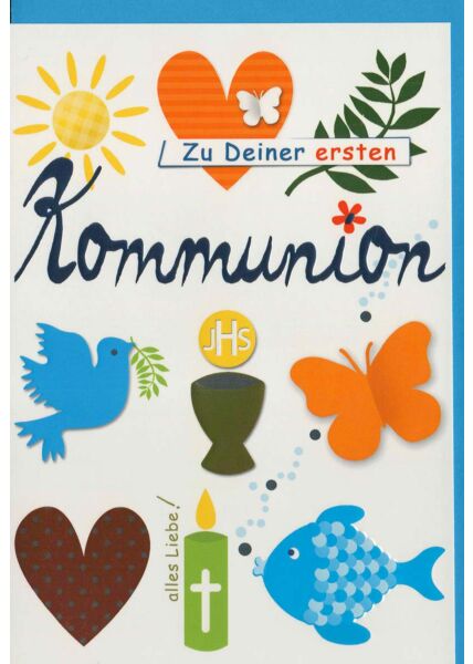 Kommunionskarte mit christlichen Symbolen